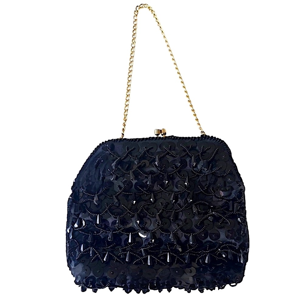 Vintage Beaded Sequined Evening Bag Black - Picture 2 of 6